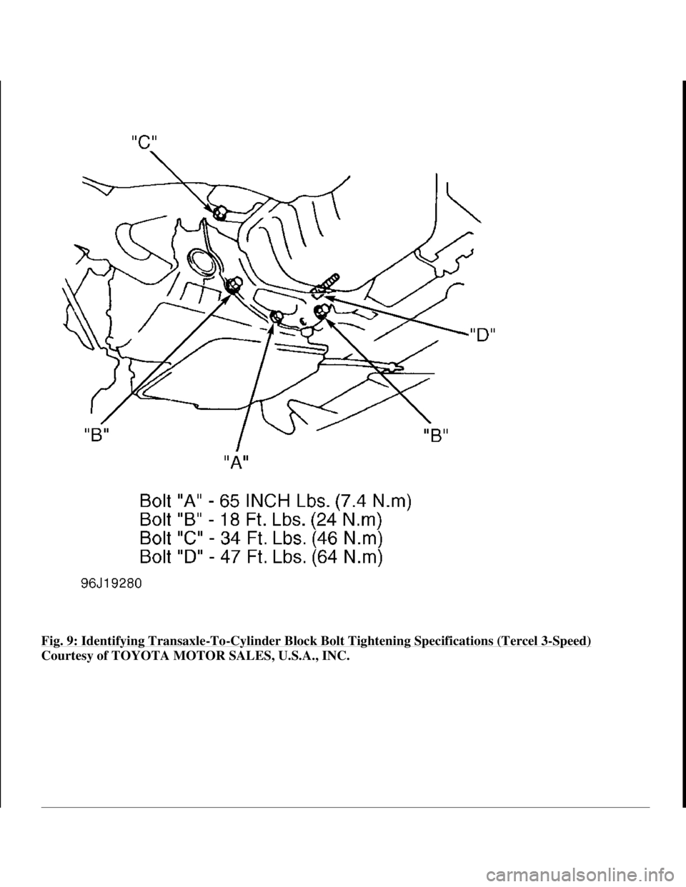TOYOTA RAV4 1996 Service Repair Manual Fig. 9: Identifying Transaxle-To-Cylinder Block Bolt Tightening Specifications (Tercel 3-Speed)
Courtesy of TOYOTA MOTOR SALES, U.S.A., INC.
1998 Toyota Avalon XLS
TRANSMISSION SERVICING - A/T 199 TOYOTA RAV4 1996 Service Repair Manual Fig. 9: Identifying Transaxle-To-Cylinder Block Bolt Tightening Specifications (Tercel 3-Speed)
Courtesy of TOYOTA MOTOR SALES, U.S.A., INC.
1998 Toyota Avalon XLS
TRANSMISSION SERVICING - A/T 199