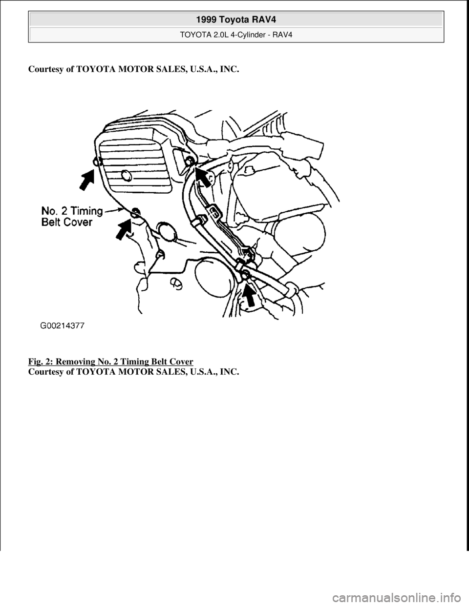 TOYOTA RAV4 1996  Service Repair Manual Courtesy of TOYOTA MOTOR SALES, U.S.A., INC.
Fig. 2: Removing No. 2 Timing Belt Cover
 
Courtesy of TOYOTA MOTOR SALES, U.S.A., INC.
 
1999 Toyota RAV4 
TOYOTA 2.0L 4-Cylinder - RAV4  
Microsoft  
Sun
