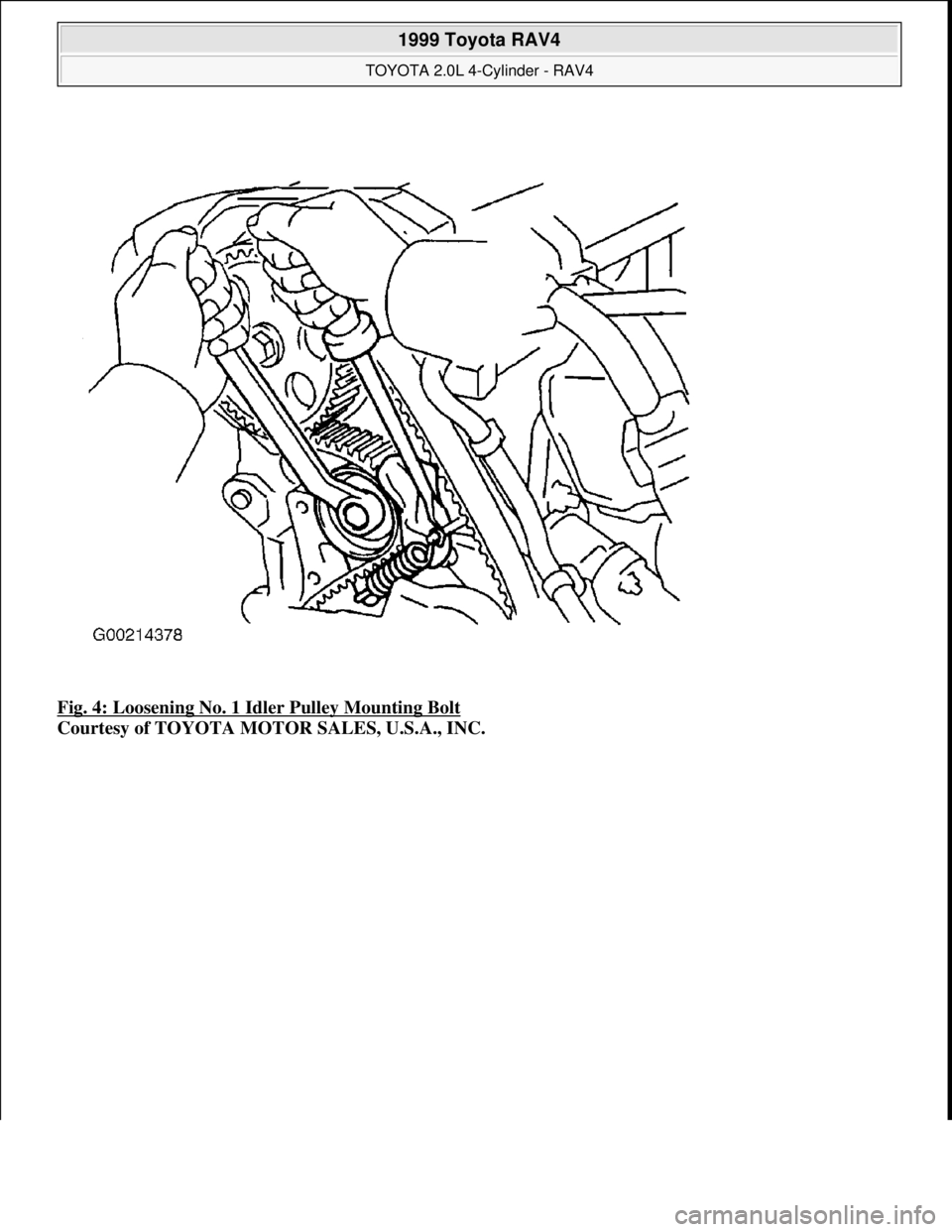 TOYOTA RAV4 1996  Service Repair Manual Fig. 4: Loosening No. 1 Idler Pulley Mounting Bolt 
Courtesy of TOYOTA MOTOR SALES, U.S.A., INC.
 
1999 Toyota RAV4 
TOYOTA 2.0L 4-Cylinder - RAV4  
Microsoft  
Sunday, November 22, 2009 10:24:26 AMPa