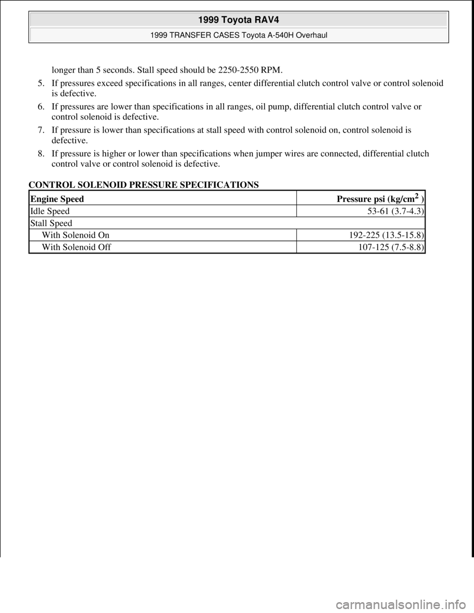 TOYOTA RAV4 1996 Service Repair Manual longer than 5 seconds. Stall speed should be 2250-2550 RPM.
5. If pressures exceed specifications in all ranges, center differential clutch control valve or control solenoid
is defective.
6. If pr TOYOTA RAV4 1996 Service Repair Manual longer than 5 seconds. Stall speed should be 2250-2550 RPM.
5. If pressures exceed specifications in all ranges, center differential clutch control valve or control solenoid
is defective.
6. If pr