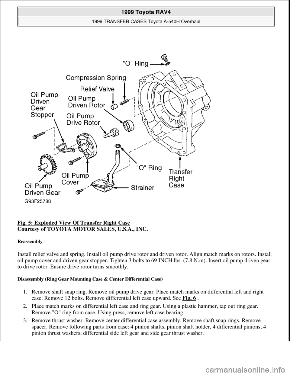 TOYOTA RAV4 1996 Service Repair Manual Fig. 5: Exploded View Of Transfer Right Case
Courtesy of TOYOTA MOTOR SALES, U.S.A., INC.
Reassembly
Install relief valve and spring. Install oil pump drive rotor and driven rotor. Align match mark TOYOTA RAV4 1996 Service Repair Manual Fig. 5: Exploded View Of Transfer Right Case
Courtesy of TOYOTA MOTOR SALES, U.S.A., INC.
Reassembly
Install relief valve and spring. Install oil pump drive rotor and driven rotor. Align match mark