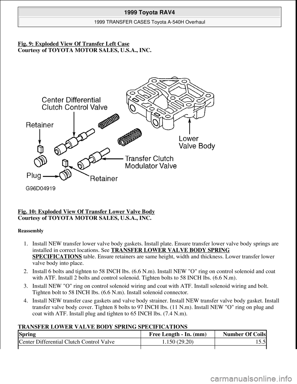 TOYOTA RAV4 1996 Service Repair Manual Fig. 9: Exploded View Of Transfer Left Case
Courtesy of TOYOTA MOTOR SALES, U.S.A., INC.
Fig. 10: Exploded View Of Transfer Lower Valve Body
Courtesy of TOYOTA MOTOR SALES, U.S.A., INC.
Reassembly TOYOTA RAV4 1996 Service Repair Manual Fig. 9: Exploded View Of Transfer Left Case
Courtesy of TOYOTA MOTOR SALES, U.S.A., INC.
Fig. 10: Exploded View Of Transfer Lower Valve Body
Courtesy of TOYOTA MOTOR SALES, U.S.A., INC.
Reassembly