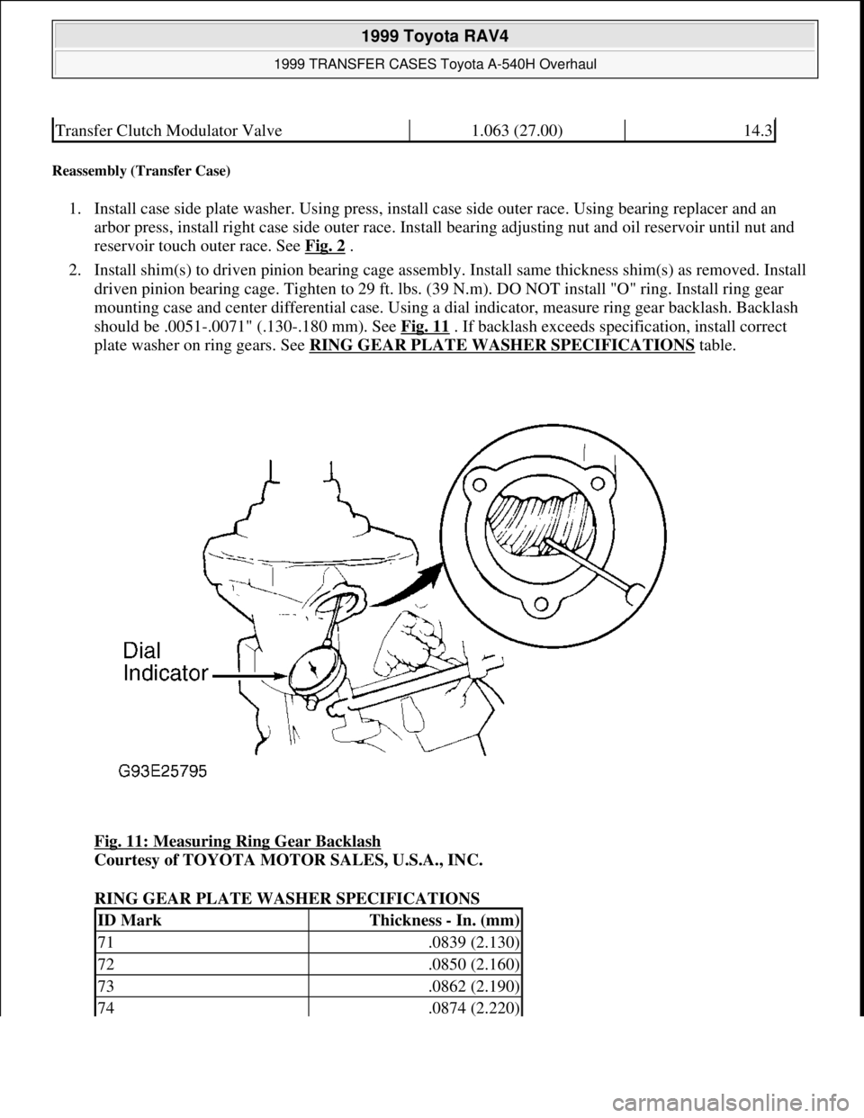 TOYOTA RAV4 1996 Service Repair Manual Reassembly (Transfer Case)
1. Install case side plate washer. Using press, install case side outer race. Using bearing replacer and an
arbor press, install right case side outer race. Install bearin TOYOTA RAV4 1996 Service Repair Manual Reassembly (Transfer Case)
1. Install case side plate washer. Using press, install case side outer race. Using bearing replacer and an
arbor press, install right case side outer race. Install bearin