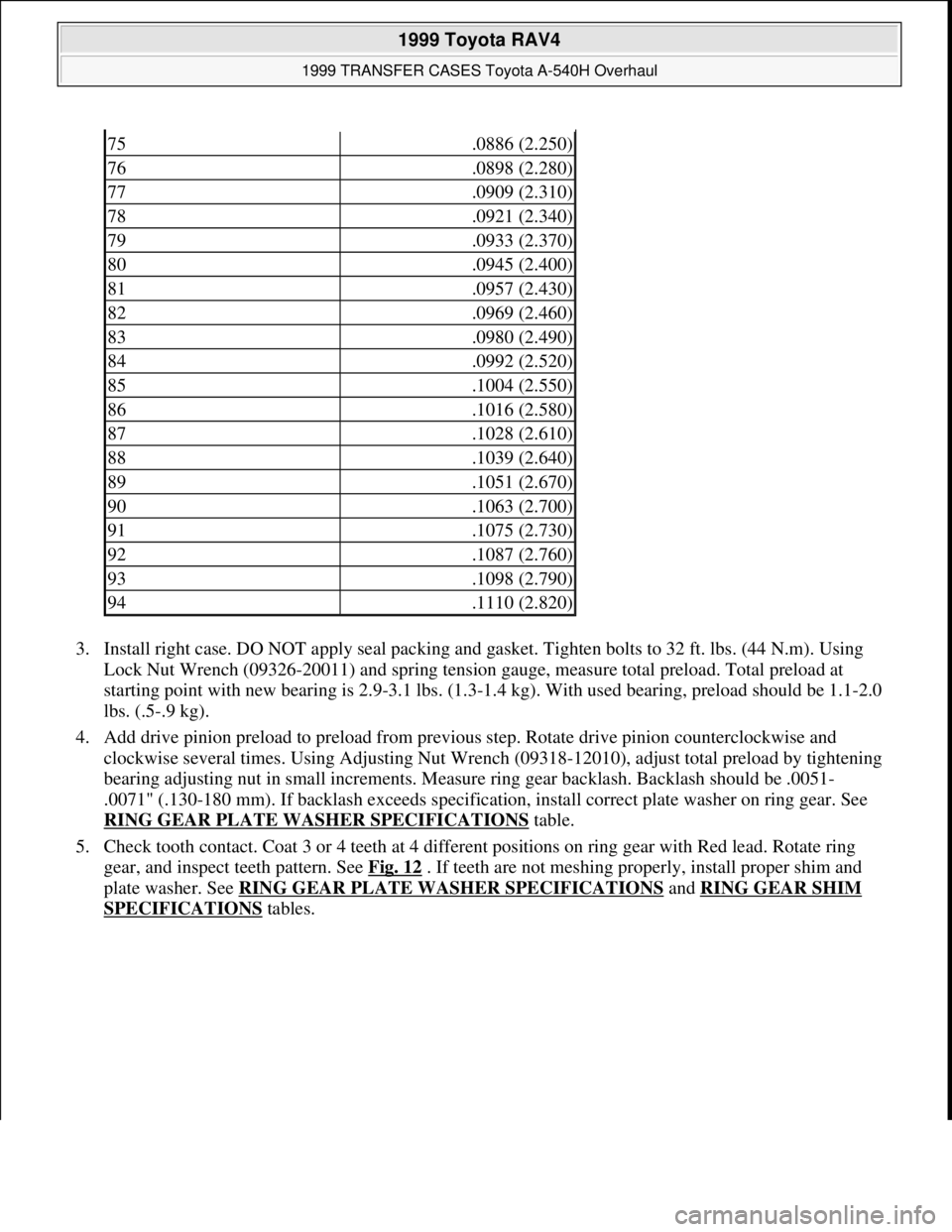 TOYOTA RAV4 1996 Service Repair Manual 3. Install right case. DO NOT apply seal packing and gasket. Tighten bolts to 32 ft. lbs. (44 N.m). Using
Lock Nut Wrench (09326-20011) and spring tension gauge, measure total preload. Total preload TOYOTA RAV4 1996 Service Repair Manual 3. Install right case. DO NOT apply seal packing and gasket. Tighten bolts to 32 ft. lbs. (44 N.m). Using
Lock Nut Wrench (09326-20011) and spring tension gauge, measure total preload. Total preload
