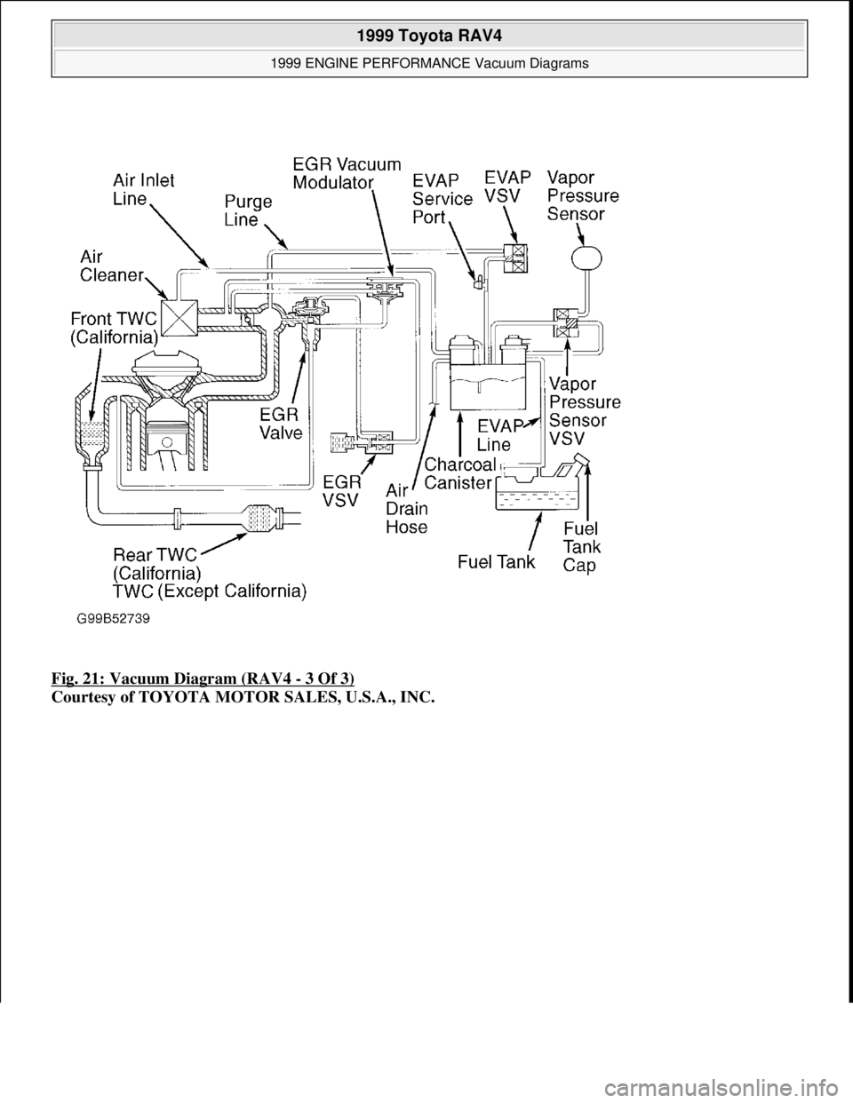 TOYOTA RAV4 1996  Service Repair Manual Fig. 21: Vacuum Diagram (RAV4 - 3 Of 3) 
Courtesy of TOYOTA MOTOR SALES, U.S.A., INC.
 
1999 Toyota RAV4 
1999 ENGINE PERFORMANCE Vacuum Diagrams  
Microsoft  
Sunday, November 22, 2009 10:28:32 AMPag