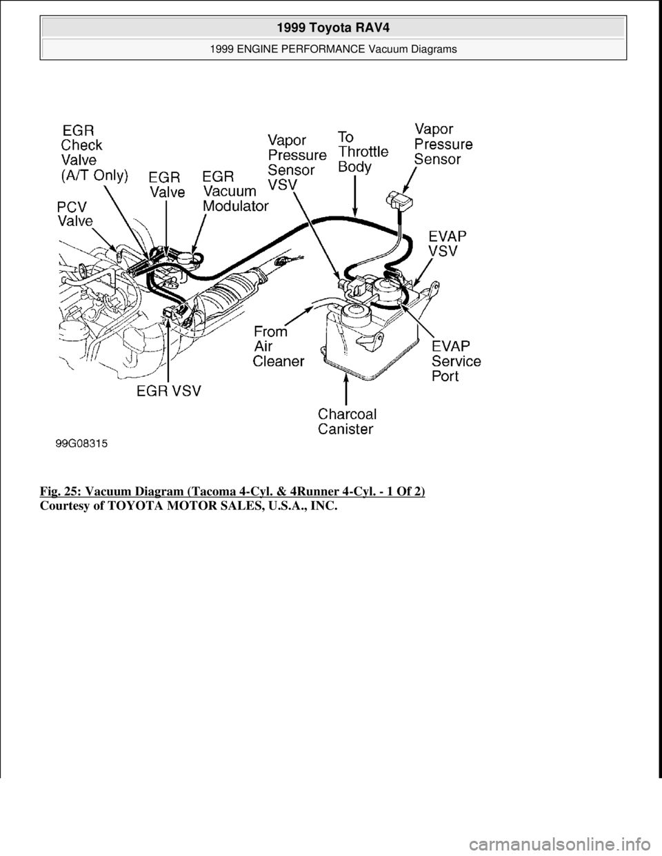 TOYOTA RAV4 1996  Service Repair Manual Fig. 25: Vacuum Diagram (Tacoma 4-Cyl. & 4Runner 4-Cyl. - 1 Of 2) 
Courtesy of TOYOTA MOTOR SALES, U.S.A., INC.
 
1999 Toyota RAV4 
1999 ENGINE PERFORMANCE Vacuum Diagrams  
Microsoft  
Sunday, Novemb