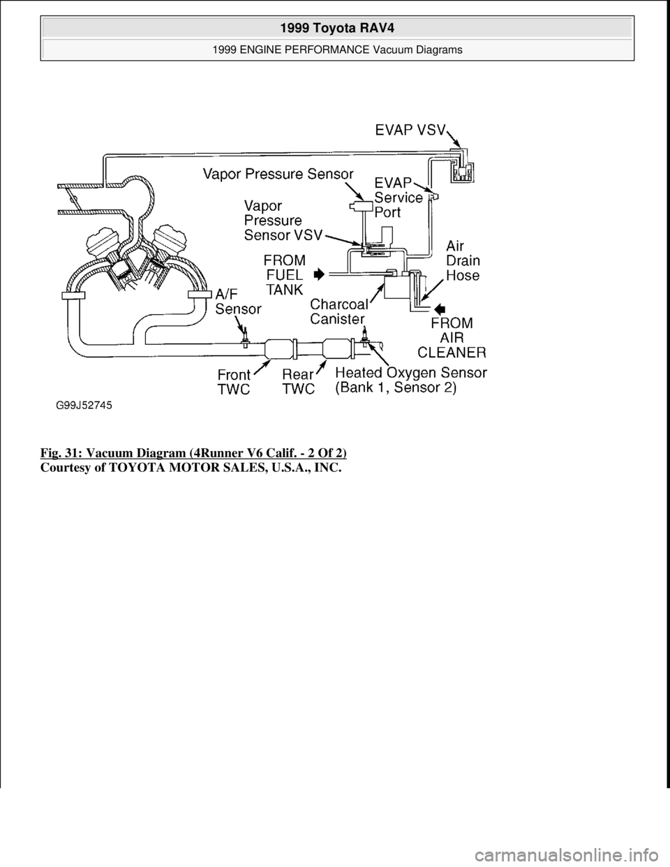 TOYOTA RAV4 1996  Service Repair Manual Fig. 31: Vacuum Diagram (4Runner V6 Calif. - 2 Of 2) 
Courtesy of TOYOTA MOTOR SALES, U.S.A., INC.
 
1999 Toyota RAV4 
1999 ENGINE PERFORMANCE Vacuum Diagrams  
Microsoft  
Sunday, November 22, 2009 1