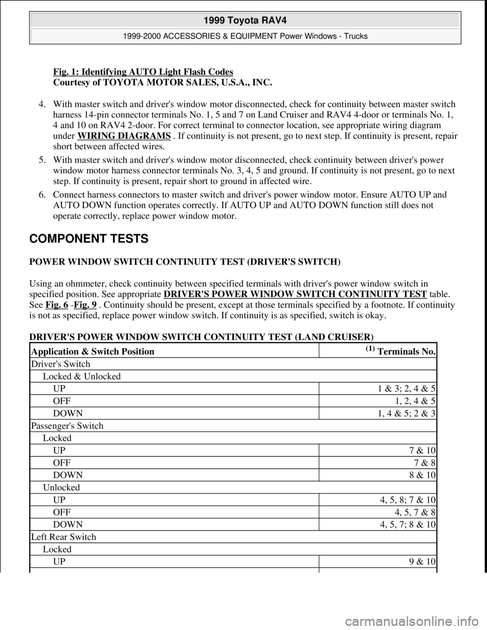 TOYOTA RAV4 1996 Service Repair Manual Fig. 1: Identifying AUTO Light Flash Codes
Courtesy of TOYOTA MOTOR SALES, U.S.A., INC.
4. With master switch and drivers window motor disconnected, check for continuity between master switch
harne TOYOTA RAV4 1996 Service Repair Manual Fig. 1: Identifying AUTO Light Flash Codes
Courtesy of TOYOTA MOTOR SALES, U.S.A., INC.
4. With master switch and drivers window motor disconnected, check for continuity between master switch
harne