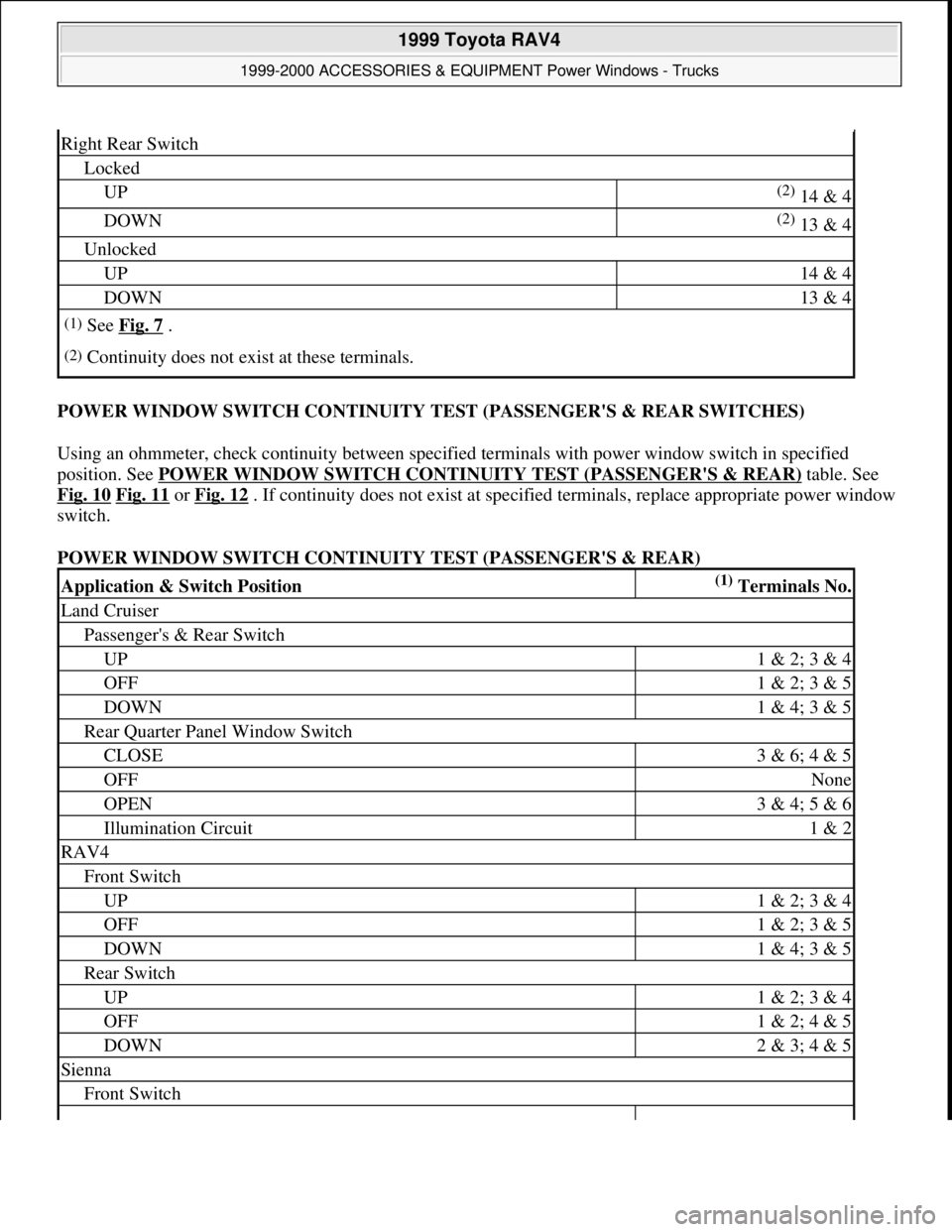 TOYOTA RAV4 1996 Service Repair Manual POWER WINDOW SWITCH CONTINUITY TEST (PASSENGERS & REAR SWITCHES)
Using an ohmmeter, check continuity between specified terminals with power window switch in specified
position. See POWER WINDOW SWI TOYOTA RAV4 1996 Service Repair Manual POWER WINDOW SWITCH CONTINUITY TEST (PASSENGERS & REAR SWITCHES)
Using an ohmmeter, check continuity between specified terminals with power window switch in specified
position. See POWER WINDOW SWI