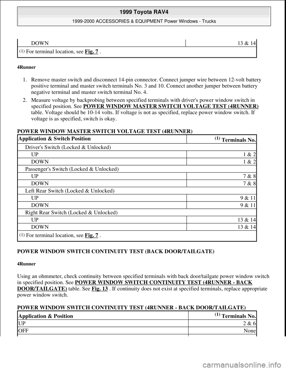 TOYOTA RAV4 1996 Service Repair Manual 4Runner
1. Remove master switch and disconnect 14-pin connector. Connect jumper wire between 12-volt battery
positive terminal and master switch terminals No. 3 and 10. Connect another jumper betwee TOYOTA RAV4 1996 Service Repair Manual 4Runner
1. Remove master switch and disconnect 14-pin connector. Connect jumper wire between 12-volt battery
positive terminal and master switch terminals No. 3 and 10. Connect another jumper betwee