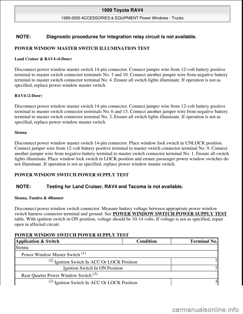 TOYOTA RAV4 1996 Service Repair Manual POWER WINDOW MASTER SWITCH ILLUMINATION TEST
Land Cruiser & RAV4 (4-Door)
Disconnect power window master switch 14-pin connector. Connect jumper wire from 12-volt battery positive
terminal to maste TOYOTA RAV4 1996 Service Repair Manual POWER WINDOW MASTER SWITCH ILLUMINATION TEST
Land Cruiser & RAV4 (4-Door)
Disconnect power window master switch 14-pin connector. Connect jumper wire from 12-volt battery positive
terminal to maste