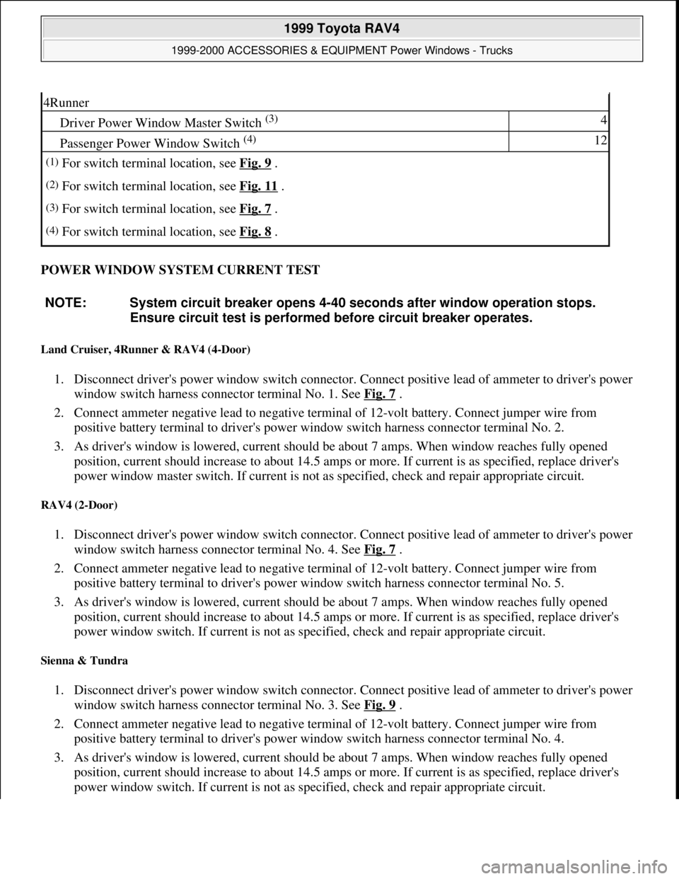 TOYOTA RAV4 1996 Service Repair Manual POWER WINDOW SYSTEM CURRENT TEST
Land Cruiser, 4Runner & RAV4 (4-Door)
1. Disconnect drivers power window switch connector. Connect positive lead of ammeter to drivers power
window switch harness TOYOTA RAV4 1996 Service Repair Manual POWER WINDOW SYSTEM CURRENT TEST
Land Cruiser, 4Runner & RAV4 (4-Door)
1. Disconnect drivers power window switch connector. Connect positive lead of ammeter to drivers power
window switch harness
