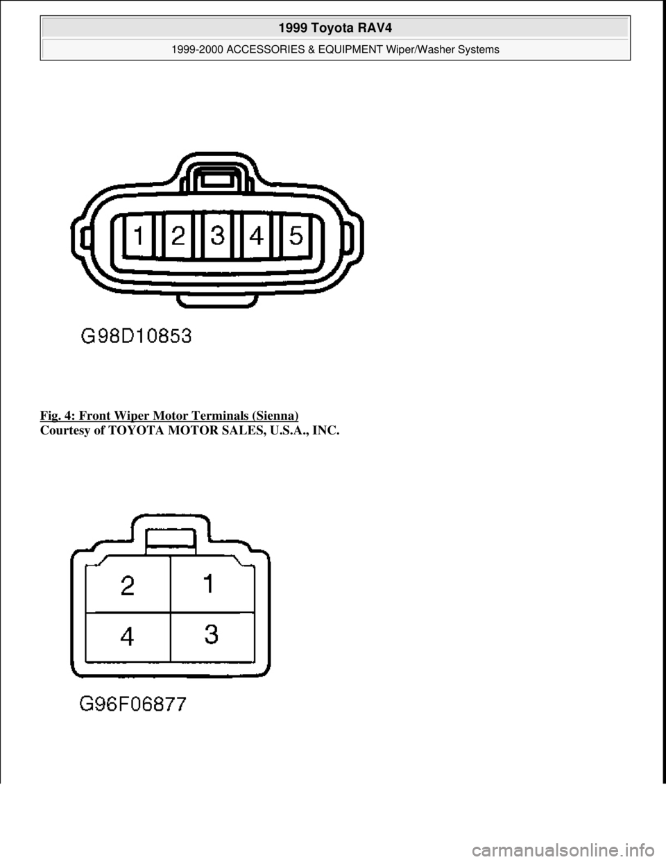 TOYOTA RAV4 1996 Service Repair Manual Fig. 4: Front Wiper Motor Terminals (Sienna)
Courtesy of TOYOTA MOTOR SALES, U.S.A., INC.
1999 Toyota RAV4
1999-2000 ACCESSORIES & EQUIPMENT Wiper/Washer Systems
Microsoft
Sunday, November 22 TOYOTA RAV4 1996 Service Repair Manual Fig. 4: Front Wiper Motor Terminals (Sienna)
Courtesy of TOYOTA MOTOR SALES, U.S.A., INC.
1999 Toyota RAV4
1999-2000 ACCESSORIES & EQUIPMENT Wiper/Washer Systems
Microsoft
Sunday, November 22