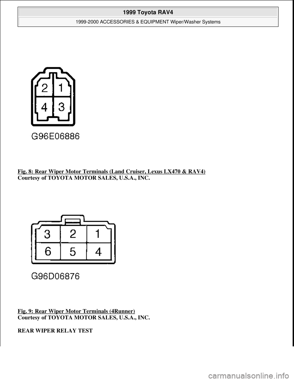 TOYOTA RAV4 1996 Service Repair Manual Fig. 8: Rear Wiper Motor Terminals (Land Cruiser, Lexus LX470 & RAV4)
Courtesy of TOYOTA MOTOR SALES, U.S.A., INC.
Fig. 9: Rear Wiper Motor Terminals (4Runner)
Courtesy of TOYOTA MOTOR SALES, U.S. TOYOTA RAV4 1996 Service Repair Manual Fig. 8: Rear Wiper Motor Terminals (Land Cruiser, Lexus LX470 & RAV4)
Courtesy of TOYOTA MOTOR SALES, U.S.A., INC.
Fig. 9: Rear Wiper Motor Terminals (4Runner)
Courtesy of TOYOTA MOTOR SALES, U.S.