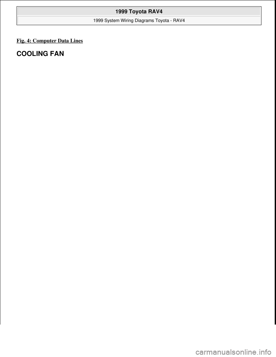 TOYOTA RAV4 1996  Service Repair Manual Fig. 4: Computer Data Lines
COOLING FAN 
 
1999 Toyota RAV4 
1999 System Wiring Diagrams Toyota - RAV4  
Microsoft  
Sunday, November 22, 2009 10:50:58 AMPage 9 © 2005 Mitchell Repair Information Com