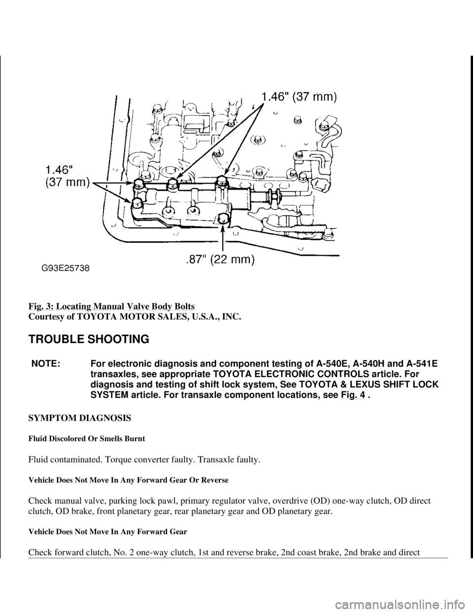 TOYOTA RAV4 1996 Service Repair Manual Fig. 3: Locating Manual Valve Body Bolts
Courtesy of TOYOTA MOTOR SALES, U.S.A., INC.
TROUBLE SHOOTING
SYMPTOM DIAGNOSIS
Fluid Discolored Or Smells Burnt
Fluid contaminated. Torque converter faul TOYOTA RAV4 1996 Service Repair Manual Fig. 3: Locating Manual Valve Body Bolts
Courtesy of TOYOTA MOTOR SALES, U.S.A., INC.
TROUBLE SHOOTING
SYMPTOM DIAGNOSIS
Fluid Discolored Or Smells Burnt
Fluid contaminated. Torque converter faul