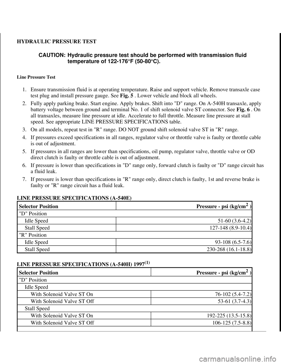 TOYOTA RAV4 1996 Service Repair Manual HYDRAULIC PRESSURE TEST
Line Pressure Test
1. Ensure transmission fluid is at operating temperature. Raise and support vehicle. Remove transaxle case
test plug and install pressure gauge. See Fig. TOYOTA RAV4 1996 Service Repair Manual HYDRAULIC PRESSURE TEST
Line Pressure Test
1. Ensure transmission fluid is at operating temperature. Raise and support vehicle. Remove transaxle case
test plug and install pressure gauge. See Fig.