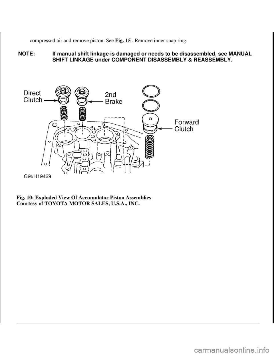 TOYOTA RAV4 1996 Service Repair Manual compressed air and remove piston. See Fig. 15. Remove inner snap ring.
Fig. 10: Exploded View Of Accumulator Piston Assemblies
Courtesy of TOYOTA MOTOR SALES, U.S.A., INC.NOTE: If manual shift link TOYOTA RAV4 1996 Service Repair Manual compressed air and remove piston. See Fig. 15. Remove inner snap ring.
Fig. 10: Exploded View Of Accumulator Piston Assemblies
Courtesy of TOYOTA MOTOR SALES, U.S.A., INC.NOTE: If manual shift link