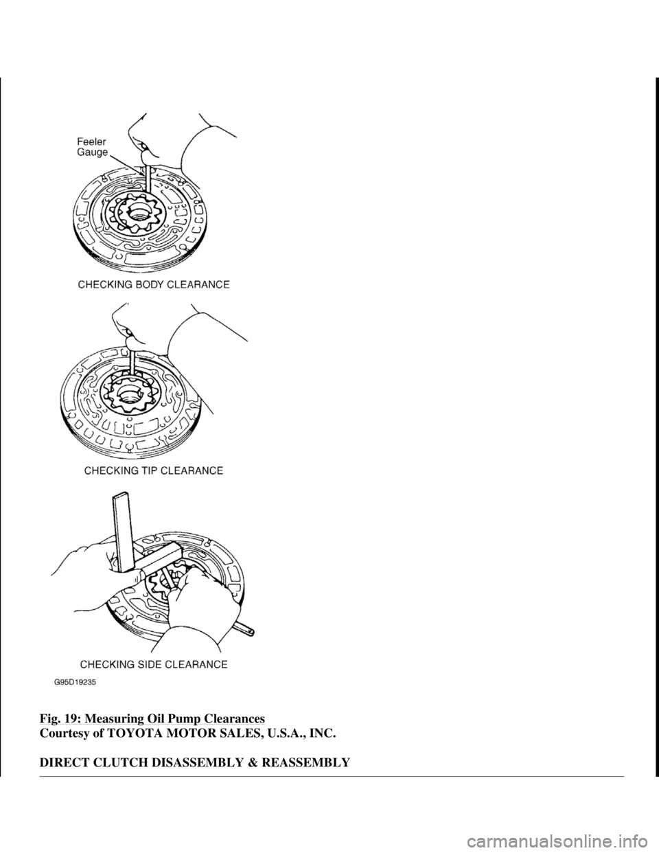 TOYOTA RAV4 1996 Service Repair Manual Fig. 19: Measuring Oil Pump Clearances
Courtesy of TOYOTA MOTOR SALES, U.S.A., INC.
DIRECT CLUTCH DISASSEMBLY & REASSEMBLY
1998 Toyota Avalon XLS
1997-99 AUTOMATIC TRANSMISSIONS Toyota A-540E, A TOYOTA RAV4 1996 Service Repair Manual Fig. 19: Measuring Oil Pump Clearances
Courtesy of TOYOTA MOTOR SALES, U.S.A., INC.
DIRECT CLUTCH DISASSEMBLY & REASSEMBLY
1998 Toyota Avalon XLS
1997-99 AUTOMATIC TRANSMISSIONS Toyota A-540E, A