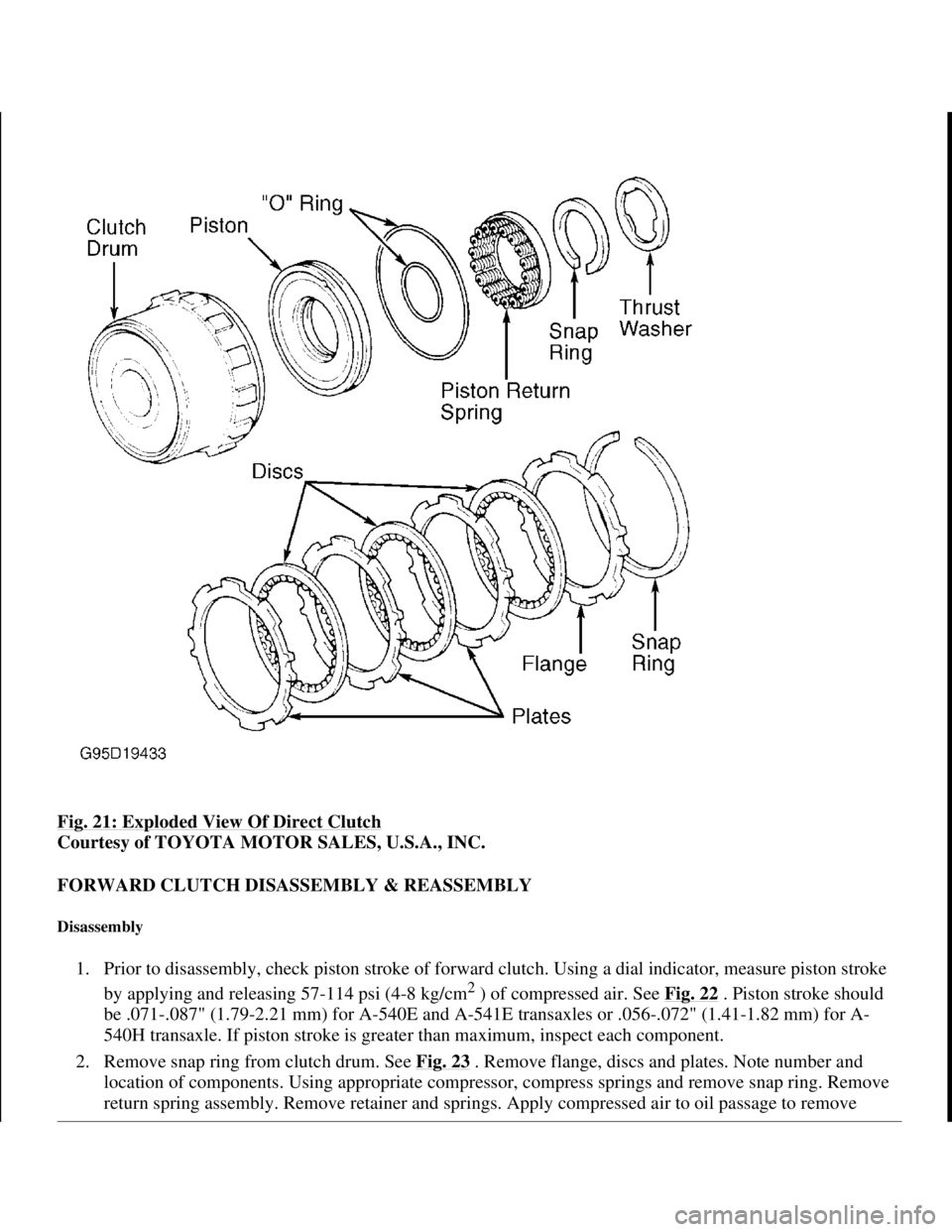 TOYOTA RAV4 1996 Service Repair Manual Fig. 21: Exploded View Of Direct Clutch
Courtesy of TOYOTA MOTOR SALES, U.S.A., INC.
FORWARD CLUTCH DISASSEMBLY & REASSEMBLY
Disassembly
1. Prior to disassembly, check piston stroke of forward clu TOYOTA RAV4 1996 Service Repair Manual Fig. 21: Exploded View Of Direct Clutch
Courtesy of TOYOTA MOTOR SALES, U.S.A., INC.
FORWARD CLUTCH DISASSEMBLY & REASSEMBLY
Disassembly
1. Prior to disassembly, check piston stroke of forward clu