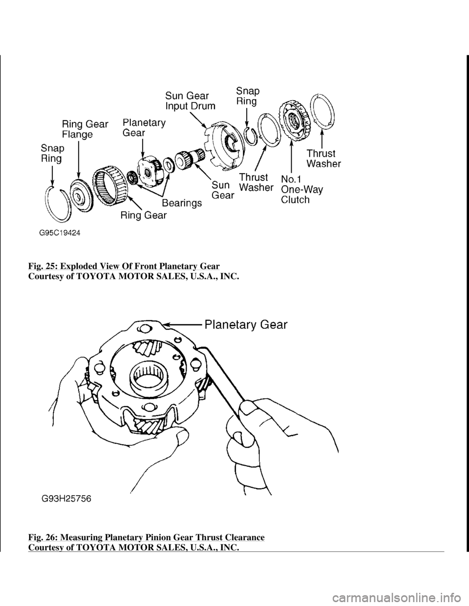 TOYOTA RAV4 1996 Service Repair Manual Fig. 25: Exploded View Of Front Planetary Gear
Courtesy of TOYOTA MOTOR SALES, U.S.A., INC.
Fig. 26: Measuring Planetary Pinion Gear Thrust Clearance
Courtesy of TOYOTA MOTOR SALES, U.S.A., INC.
TOYOTA RAV4 1996 Service Repair Manual Fig. 25: Exploded View Of Front Planetary Gear
Courtesy of TOYOTA MOTOR SALES, U.S.A., INC.
Fig. 26: Measuring Planetary Pinion Gear Thrust Clearance
Courtesy of TOYOTA MOTOR SALES, U.S.A., INC.
