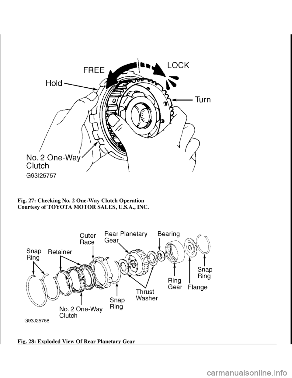 TOYOTA RAV4 1996 Service Repair Manual Fig. 27: Checking No. 2 One-Way Clutch Operation
Courtesy of TOYOTA MOTOR SALES, U.S.A., INC.
Fig. 28: Exploded View Of Rear Planetary Gear
1998 Toyota Avalon XLS
1997-99 AUTOMATIC TRANSMISSIONS TOYOTA RAV4 1996 Service Repair Manual Fig. 27: Checking No. 2 One-Way Clutch Operation
Courtesy of TOYOTA MOTOR SALES, U.S.A., INC.
Fig. 28: Exploded View Of Rear Planetary Gear
1998 Toyota Avalon XLS
1997-99 AUTOMATIC TRANSMISSIONS