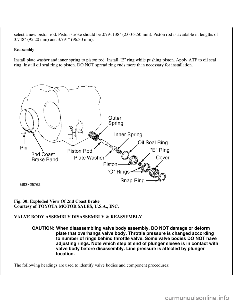 TOYOTA RAV4 1996  Service Repair Manual select a new piston rod. Piston stroke should be .079-.138" (2.00-3.50 mm). Piston rod is available in lengths of 
3.748" (95.20 mm) and 3.791" (96.30 mm). 
Reassembly 
Install plate washer and inner 