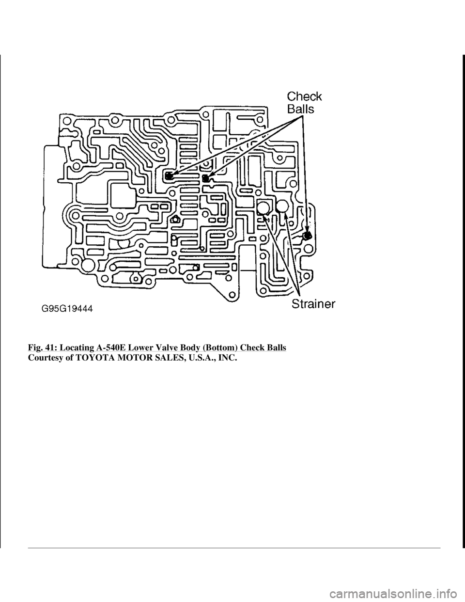 TOYOTA RAV4 1996  Service Repair Manual Fig. 41: Locating A-540E Lower Valve Body (Bottom) Check Balls 
Courtesy of TOYOTA MOTOR SALES, U.S.A., INC.
 
1998 Toyota Avalon XLS 
1997-99 AUTOMATIC TRANSMISSIONS Toyota A-540E, A-540H & A-541E Ov