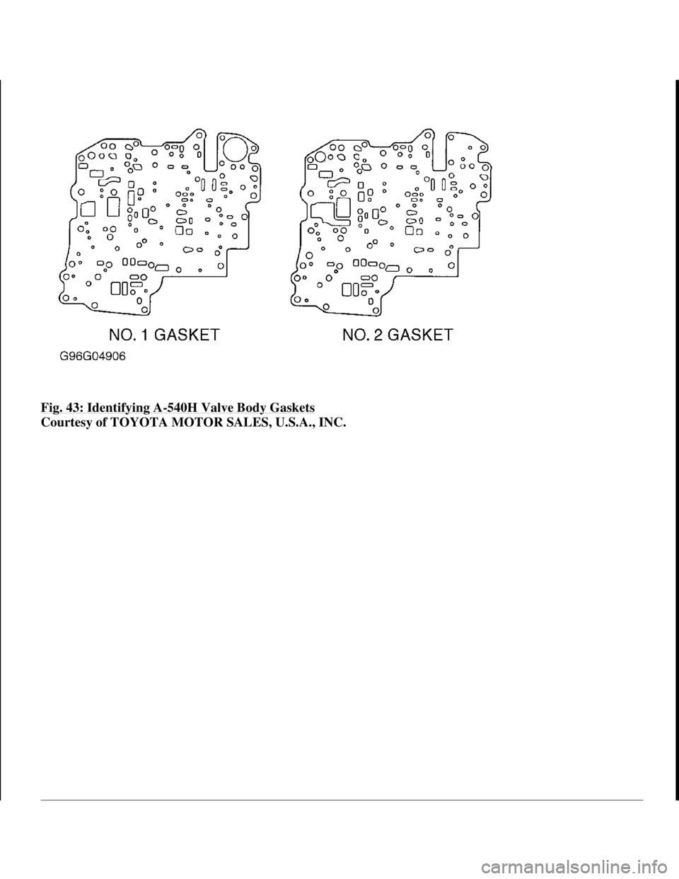 TOYOTA RAV4 1996  Service Repair Manual Fig. 43: Identifying A-540H Valve Body Gaskets 
Courtesy of TOYOTA MOTOR SALES, U.S.A., INC.
 
1998 Toyota Avalon XLS 
1997-99 AUTOMATIC TRANSMISSIONS Toyota A-540E, A-540H & A-541E Overhaul  
Helpmel