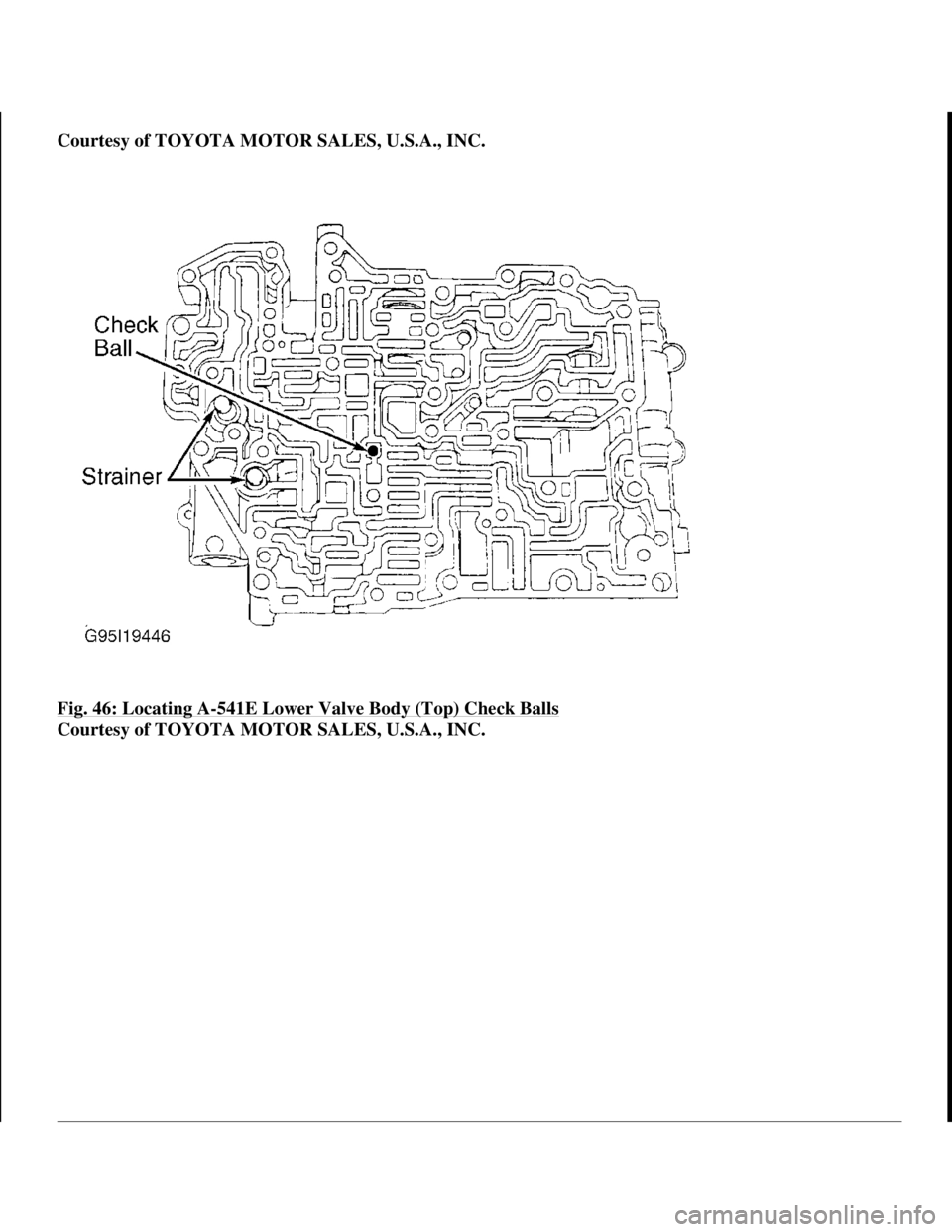 TOYOTA RAV4 1996  Service Repair Manual Courtesy of TOYOTA MOTOR SALES, U.S.A., INC.
Fig. 46: Locating A
-541E Lower Valve Body (Top) Check Balls 
Courtesy of TOYOTA MOTOR SALES, U.S.A., INC.
 
1998 Toyota Avalon XLS 
1997-99 AUTOMATIC TRAN