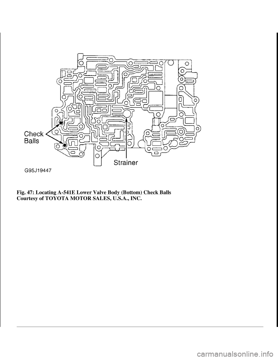 TOYOTA RAV4 1996  Service Repair Manual Fig. 47: Locating A-541E Lower Valve Body (Bottom) Check Balls 
Courtesy of TOYOTA MOTOR SALES, U.S.A., INC.
 
1998 Toyota Avalon XLS 
1997-99 AUTOMATIC TRANSMISSIONS Toyota A-540E, A-540H & A-541E Ov