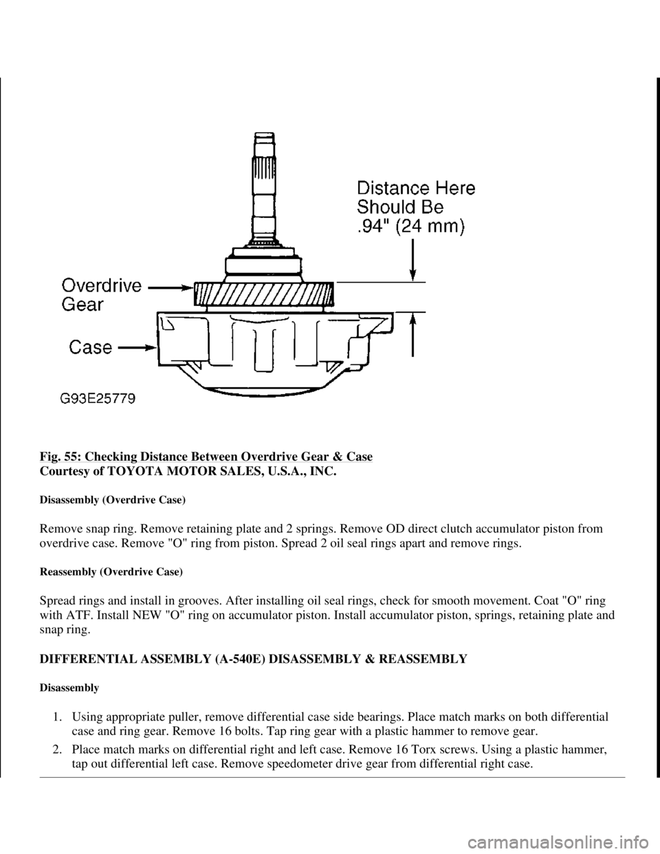 TOYOTA RAV4 1996 Service Repair Manual Fig. 55: Checking Distance Between Overdrive Gear & Case
Courtesy of TOYOTA MOTOR SALES, U.S.A., INC.
Disassembly (Overdrive Case)
Remove snap ring. Remove retaining plate and 2 springs. Remove OD TOYOTA RAV4 1996 Service Repair Manual Fig. 55: Checking Distance Between Overdrive Gear & Case
Courtesy of TOYOTA MOTOR SALES, U.S.A., INC.
Disassembly (Overdrive Case)
Remove snap ring. Remove retaining plate and 2 springs. Remove OD