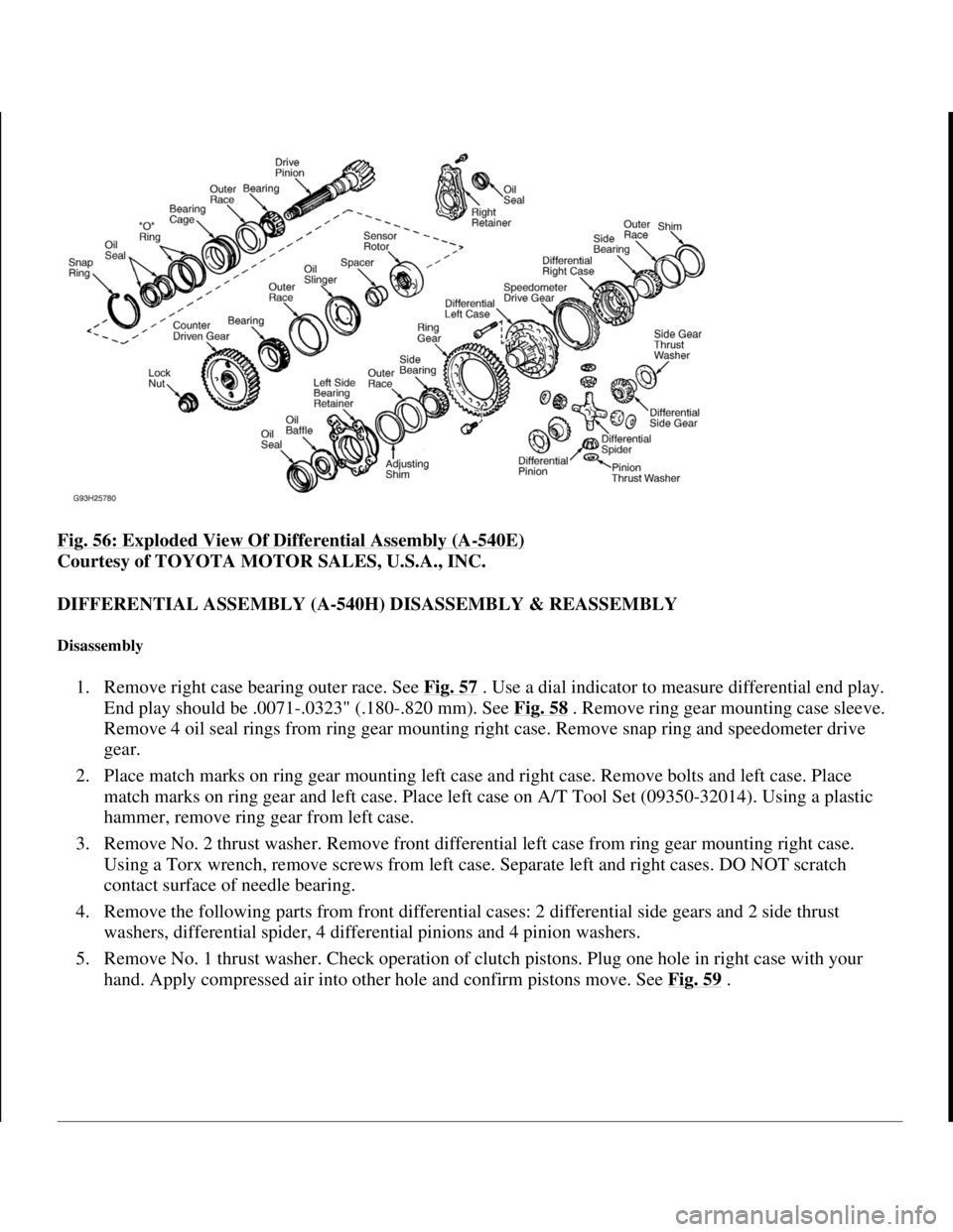 TOYOTA RAV4 1996 Service Repair Manual Fig. 56: Exploded View Of Differential Assembly (A-540E)
Courtesy of TOYOTA MOTOR SALES, U.S.A., INC.
DIFFERENTIAL ASSEMBLY (A-540H) DISASSEMBLY & REASSEMBLY
Disassembly
1. Remove right case beari TOYOTA RAV4 1996 Service Repair Manual Fig. 56: Exploded View Of Differential Assembly (A-540E)
Courtesy of TOYOTA MOTOR SALES, U.S.A., INC.
DIFFERENTIAL ASSEMBLY (A-540H) DISASSEMBLY & REASSEMBLY
Disassembly
1. Remove right case beari