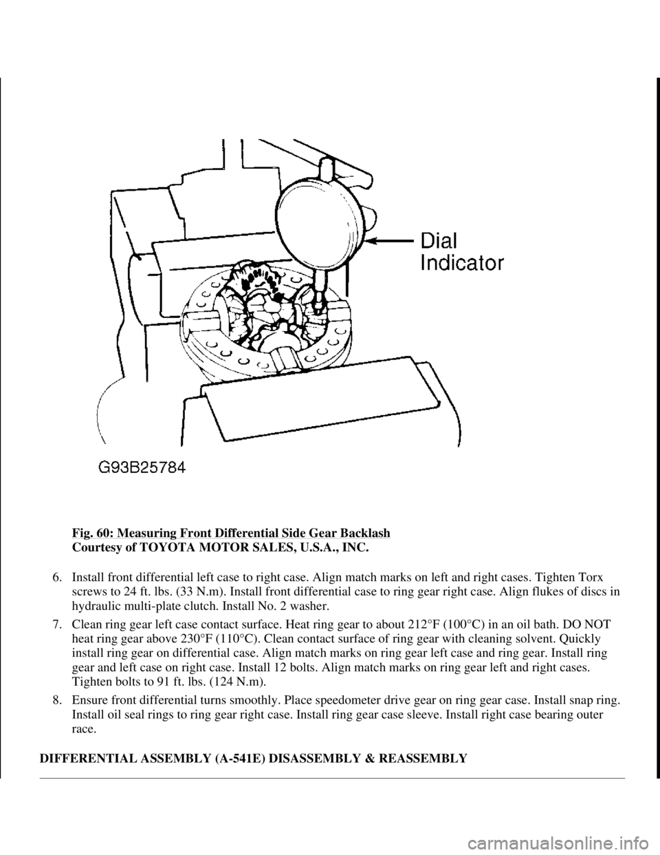 TOYOTA RAV4 1996 Service Repair Manual Fig. 60: Measuring Front Differential Side Gear Backlash
Courtesy of TOYOTA MOTOR SALES, U.S.A., INC.
6. Install front differential left case to right case. Align match marks on left and right cases TOYOTA RAV4 1996 Service Repair Manual Fig. 60: Measuring Front Differential Side Gear Backlash
Courtesy of TOYOTA MOTOR SALES, U.S.A., INC.
6. Install front differential left case to right case. Align match marks on left and right cases