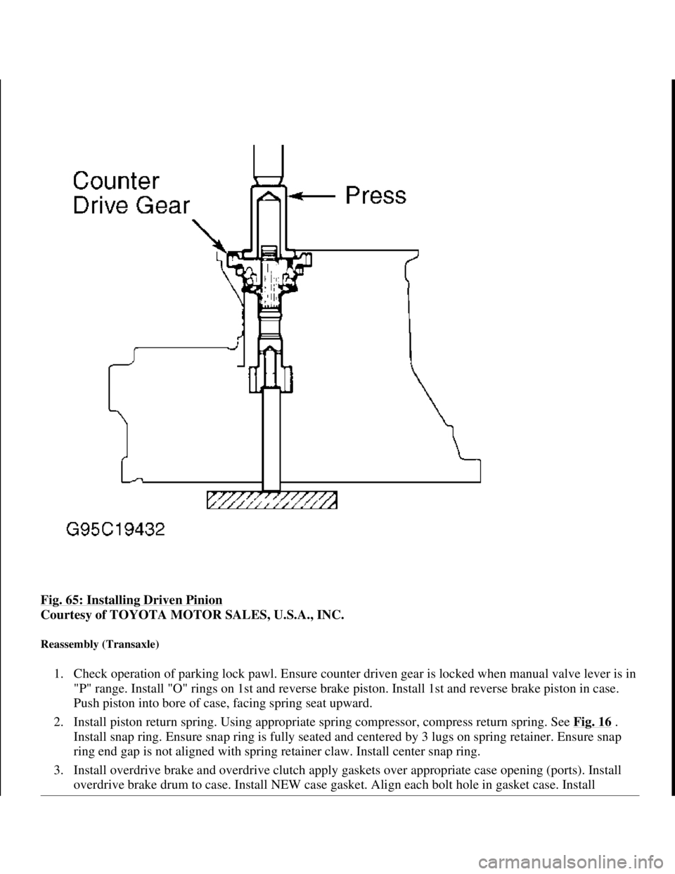 TOYOTA RAV4 1996 Service Repair Manual Fig. 65: Installing Driven Pinion
Courtesy of TOYOTA MOTOR SALES, U.S.A., INC.
Reassembly (Transaxle)
1. Check operation of parking lock pawl. Ensure counter driven gear is locked when manual valve TOYOTA RAV4 1996 Service Repair Manual Fig. 65: Installing Driven Pinion
Courtesy of TOYOTA MOTOR SALES, U.S.A., INC.
Reassembly (Transaxle)
1. Check operation of parking lock pawl. Ensure counter driven gear is locked when manual valve