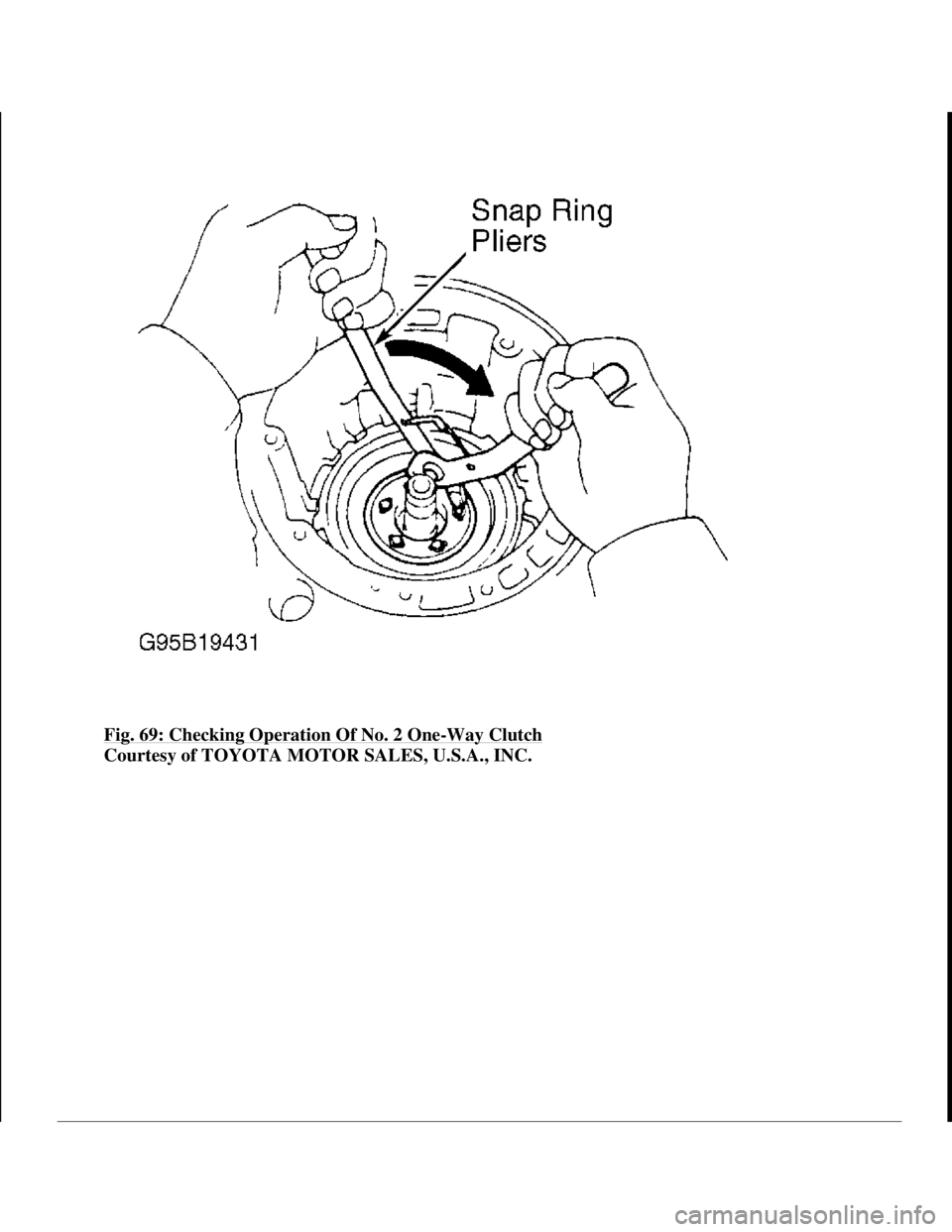 TOYOTA RAV4 1996 Service Repair Manual Fig. 69: Checking Operation Of No. 2 One-Way Clutch
Courtesy of TOYOTA MOTOR SALES, U.S.A., INC.
1998 Toyota Avalon XLS
1997-99 AUTOMATIC TRANSMISSIONS Toyota A-540E, A-540H & A-541E Overhaul
He TOYOTA RAV4 1996 Service Repair Manual Fig. 69: Checking Operation Of No. 2 One-Way Clutch
Courtesy of TOYOTA MOTOR SALES, U.S.A., INC.
1998 Toyota Avalon XLS
1997-99 AUTOMATIC TRANSMISSIONS Toyota A-540E, A-540H & A-541E Overhaul
He
