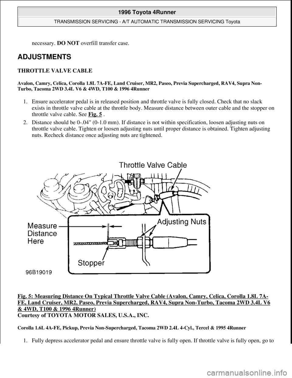 TOYOTA RAV4 1996 Service Repair Manual necessary. DO NOT overfill transfer case.
ADJUSTMENTS
THROTTLE VALVE CABLE
Avalon, Camry, Celica, Corolla 1.8L 7A-FE, Land Cruiser, MR2, Paseo, Previa Supercharged, RAV4, Supra Non-
Turbo, Tacoma 2 TOYOTA RAV4 1996 Service Repair Manual necessary. DO NOT overfill transfer case.
ADJUSTMENTS
THROTTLE VALVE CABLE
Avalon, Camry, Celica, Corolla 1.8L 7A-FE, Land Cruiser, MR2, Paseo, Previa Supercharged, RAV4, Supra Non-
Turbo, Tacoma 2