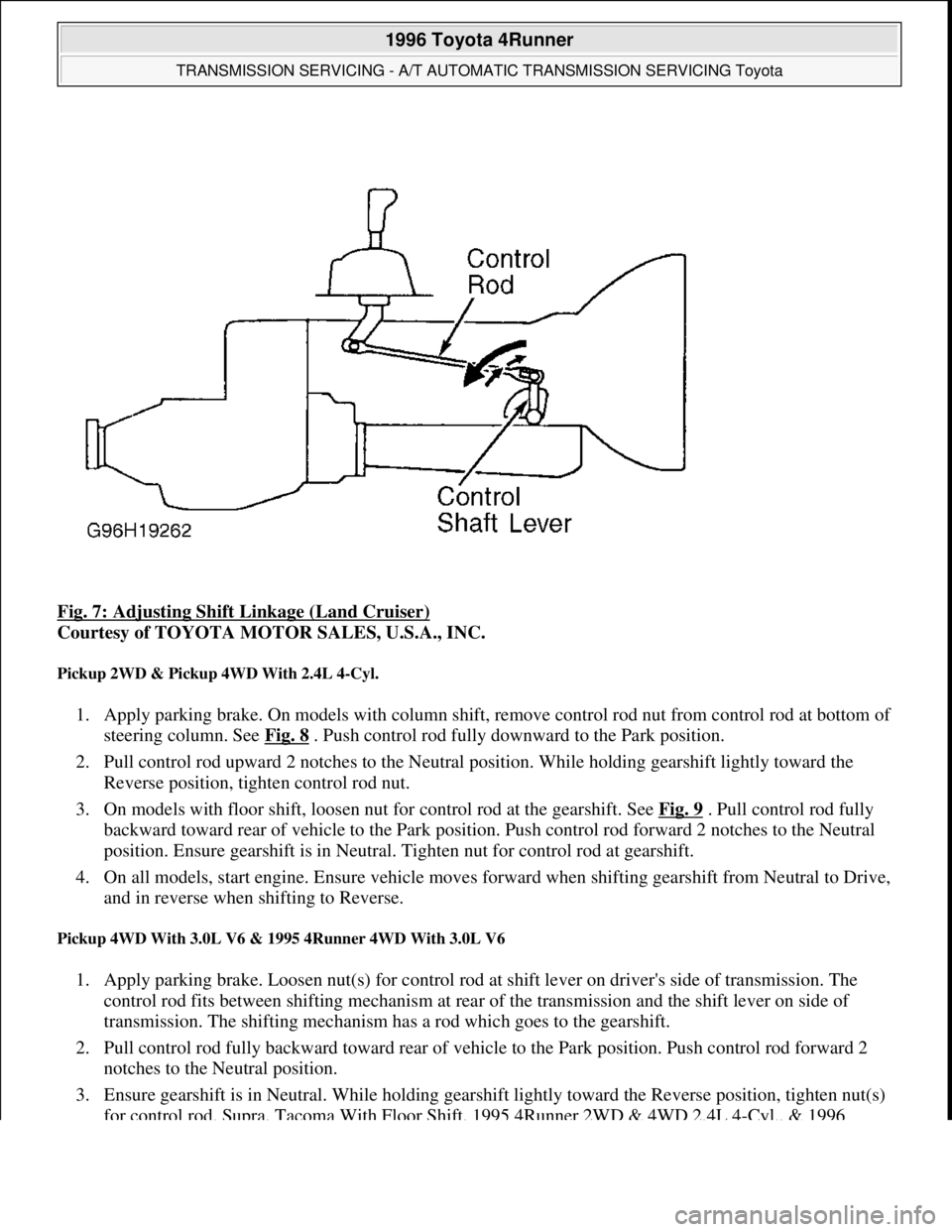 TOYOTA RAV4 1996  Service Repair Manual Fig. 7: Adjusting Shift Linkage (Land Cruiser) 
Courtesy of TOYOTA MOTOR SALES, U.S.A., INC. 
Pickup 2WD & Pickup 4WD With 2.4L 4-Cyl. 
1. Apply parking brake. On models with column shift, remove cont