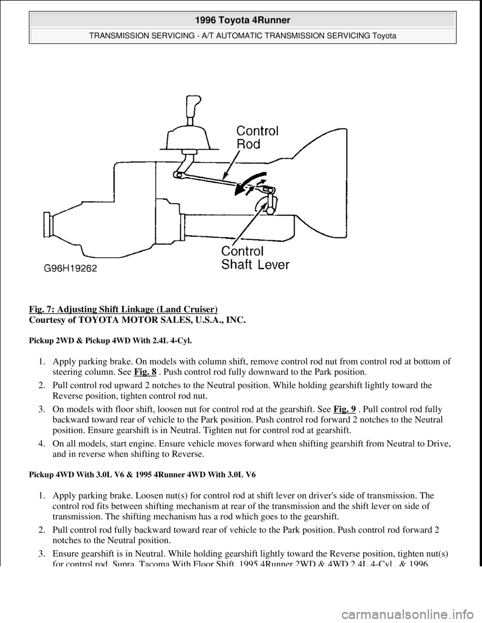 TOYOTA RAV4 1996 Service Repair Manual Fig. 7: Adjusting Shift Linkage (Land Cruiser)
Courtesy of TOYOTA MOTOR SALES, U.S.A., INC.
Pickup 2WD & Pickup 4WD With 2.4L 4-Cyl.
1. Apply parking brake. On models with column shift, remove cont TOYOTA RAV4 1996 Service Repair Manual Fig. 7: Adjusting Shift Linkage (Land Cruiser)
Courtesy of TOYOTA MOTOR SALES, U.S.A., INC.
Pickup 2WD & Pickup 4WD With 2.4L 4-Cyl.
1. Apply parking brake. On models with column shift, remove cont