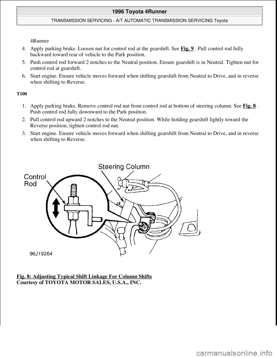 TOYOTA RAV4 1996 Service Repair Manual 4Runner
4. Apply parking brake. Loosen nut for control rod at the gearshift. See Fig. 9
. Pull control rod fully
backward toward rear of vehicle to the Park position.
5. Push control rod forward TOYOTA RAV4 1996 Service Repair Manual 4Runner
4. Apply parking brake. Loosen nut for control rod at the gearshift. See Fig. 9
. Pull control rod fully
backward toward rear of vehicle to the Park position.
5. Push control rod forward