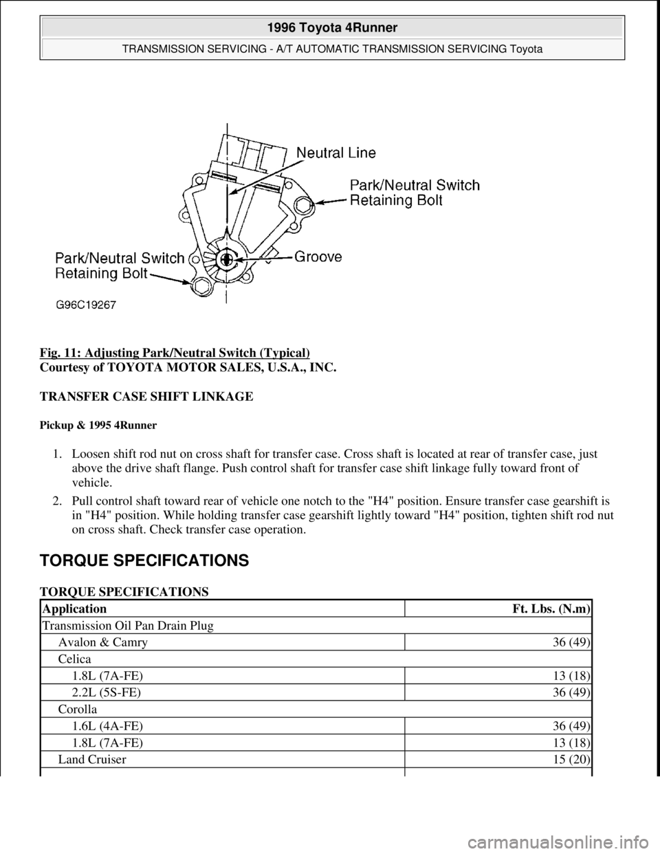 TOYOTA RAV4 1996 Service Repair Manual Fig. 11: Adjusting Park/Neutral Switch (Typical)
Courtesy of TOYOTA MOTOR SALES, U.S.A., INC.
TRANSFER CASE SHIFT LINKAGE
Pickup & 1995 4Runner
1. Loosen shift rod nut on cross shaft for transfer TOYOTA RAV4 1996 Service Repair Manual Fig. 11: Adjusting Park/Neutral Switch (Typical)
Courtesy of TOYOTA MOTOR SALES, U.S.A., INC.
TRANSFER CASE SHIFT LINKAGE
Pickup & 1995 4Runner
1. Loosen shift rod nut on cross shaft for transfer