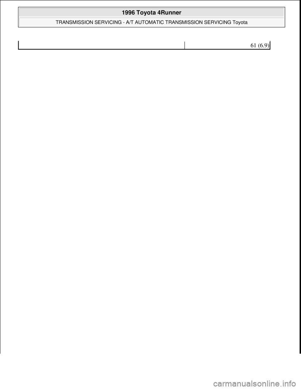 TOYOTA RAV4 1996 Service Repair Manual 61 (6.9)
1996 Toyota 4Runner
TRANSMISSION SERVICING - A/T AUTOMATIC TRANSMISSION SERVICING Toyota
Microsoft
Tuesday, August 18, 2009 7:18:46 PMPage 21 © 2005 Mitchell Repair Information Compan TOYOTA RAV4 1996 Service Repair Manual 61 (6.9)
1996 Toyota 4Runner
TRANSMISSION SERVICING - A/T AUTOMATIC TRANSMISSION SERVICING Toyota
Microsoft
Tuesday, August 18, 2009 7:18:46 PMPage 21 © 2005 Mitchell Repair Information Compan