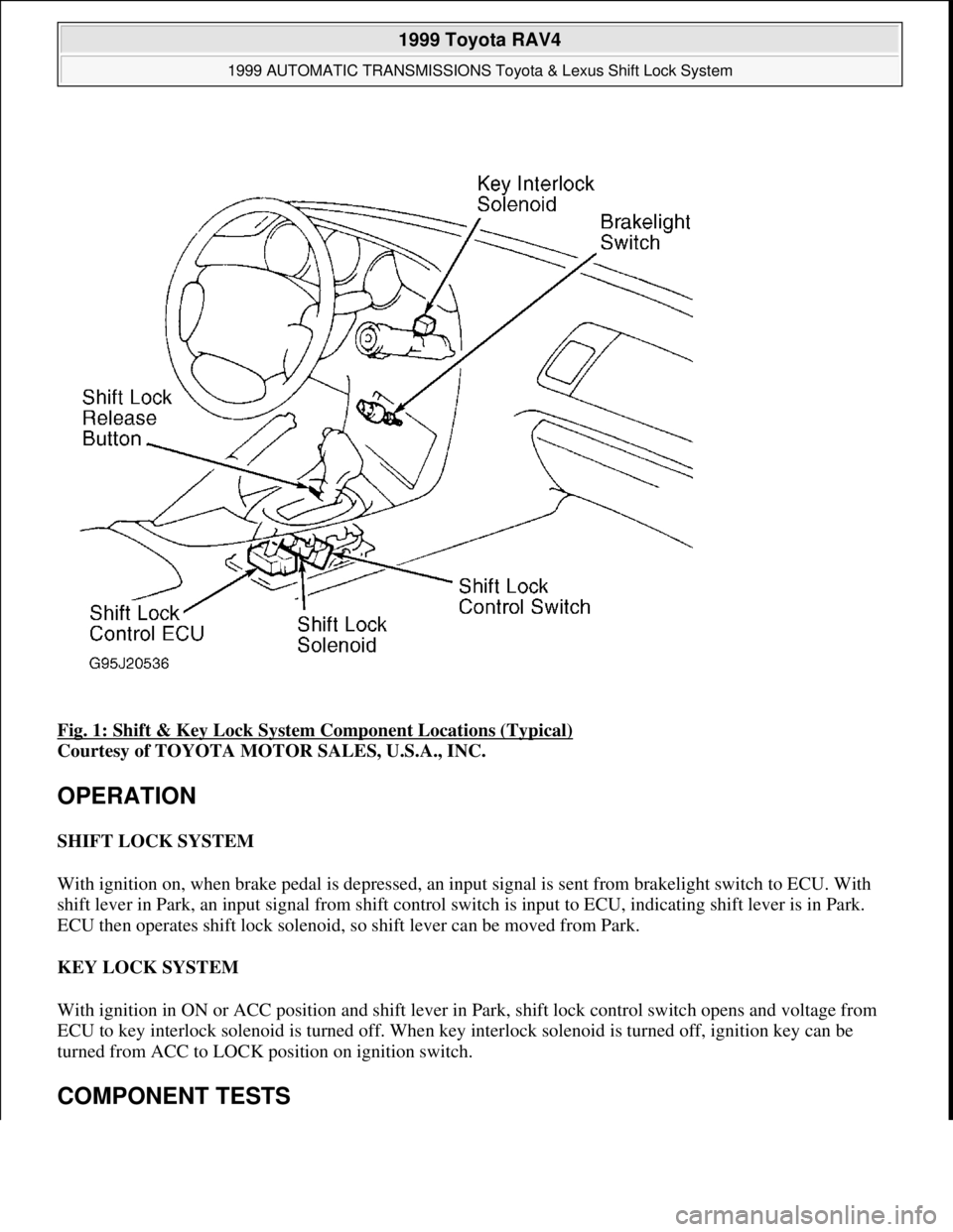 TOYOTA RAV4 1996 Service Repair Manual Fig. 1: Shift & Key Lock System Component Locations (Typical)
Courtesy of TOYOTA MOTOR SALES, U.S.A., INC.
OPERATION
SHIFT LOCK SYSTEM
With ignition on, when brake pedal is depressed, an input sig TOYOTA RAV4 1996 Service Repair Manual Fig. 1: Shift & Key Lock System Component Locations (Typical)
Courtesy of TOYOTA MOTOR SALES, U.S.A., INC.
OPERATION
SHIFT LOCK SYSTEM
With ignition on, when brake pedal is depressed, an input sig