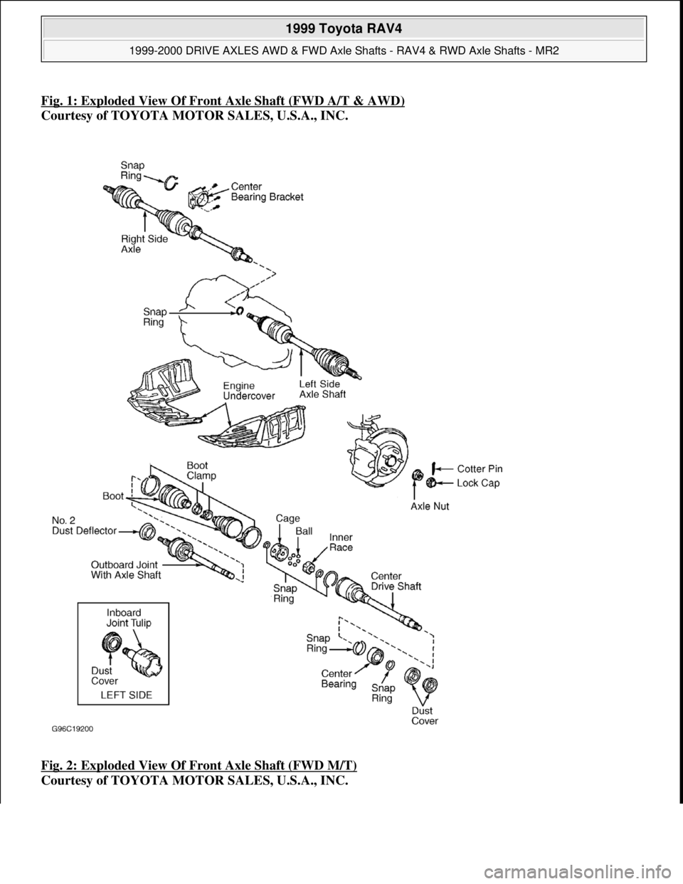 TOYOTA RAV4 1996 Service Repair Manual Fig. 1: Exploded View Of Front Axle Shaft (FWD A/T & AWD)
Courtesy of TOYOTA MOTOR SALES, U.S.A., INC.
Fig. 2: Exploded View Of Front Axle Shaft (FWD M/T)
Courtesy of TOYOTA MOTOR SALES, U.S.A., IN TOYOTA RAV4 1996 Service Repair Manual Fig. 1: Exploded View Of Front Axle Shaft (FWD A/T & AWD)
Courtesy of TOYOTA MOTOR SALES, U.S.A., INC.
Fig. 2: Exploded View Of Front Axle Shaft (FWD M/T)
Courtesy of TOYOTA MOTOR SALES, U.S.A., IN