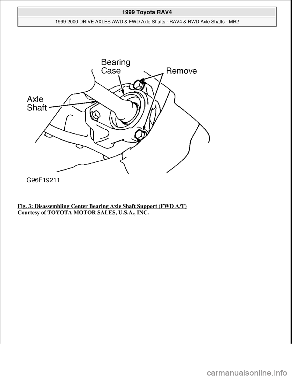TOYOTA RAV4 1996 Service Repair Manual Fig. 3: Disassembling Center Bearing Axle Shaft Support (FWD A/T)
Courtesy of TOYOTA MOTOR SALES, U.S.A., INC.
1999 Toyota RAV4
1999-2000 DRIVE AXLES AWD & FWD Axle Shafts - RAV4 & RWD Axle Shafts TOYOTA RAV4 1996 Service Repair Manual Fig. 3: Disassembling Center Bearing Axle Shaft Support (FWD A/T)
Courtesy of TOYOTA MOTOR SALES, U.S.A., INC.
1999 Toyota RAV4
1999-2000 DRIVE AXLES AWD & FWD Axle Shafts - RAV4 & RWD Axle Shafts
