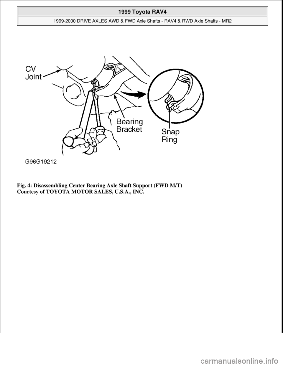 TOYOTA RAV4 1996 Service Repair Manual Fig. 4: Disassembling Center Bearing Axle Shaft Support (FWD M/T)
Courtesy of TOYOTA MOTOR SALES, U.S.A., INC.
1999 Toyota RAV4
1999-2000 DRIVE AXLES AWD & FWD Axle Shafts - RAV4 & RWD Axle Shafts TOYOTA RAV4 1996 Service Repair Manual Fig. 4: Disassembling Center Bearing Axle Shaft Support (FWD M/T)
Courtesy of TOYOTA MOTOR SALES, U.S.A., INC.
1999 Toyota RAV4
1999-2000 DRIVE AXLES AWD & FWD Axle Shafts - RAV4 & RWD Axle Shafts