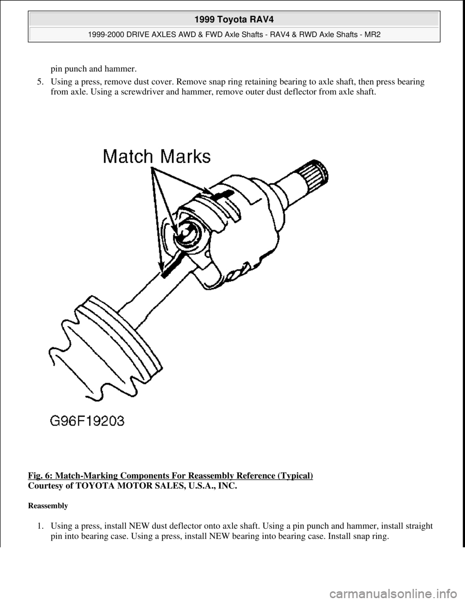TOYOTA RAV4 1996 Service Repair Manual pin punch and hammer.
5. Using a press, remove dust cover. Remove snap ring retaining bearing to axle shaft, then press bearing
from axle. Using a screwdriver and hammer, remove outer dust deflecto TOYOTA RAV4 1996 Service Repair Manual pin punch and hammer.
5. Using a press, remove dust cover. Remove snap ring retaining bearing to axle shaft, then press bearing
from axle. Using a screwdriver and hammer, remove outer dust deflecto