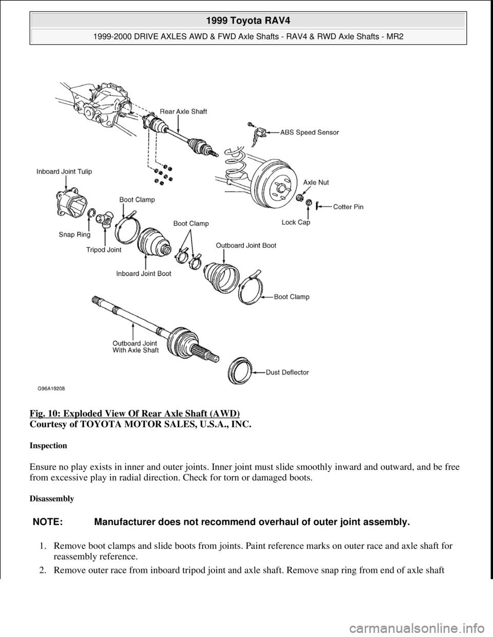 TOYOTA RAV4 1996 Service Repair Manual Fig. 10: Exploded View Of Rear Axle Shaft (AWD)
Courtesy of TOYOTA MOTOR SALES, U.S.A., INC.
Inspection
Ensure no play exists in inner and outer joints. Inner joint must slide smoothly inward and o TOYOTA RAV4 1996 Service Repair Manual Fig. 10: Exploded View Of Rear Axle Shaft (AWD)
Courtesy of TOYOTA MOTOR SALES, U.S.A., INC.
Inspection
Ensure no play exists in inner and outer joints. Inner joint must slide smoothly inward and o