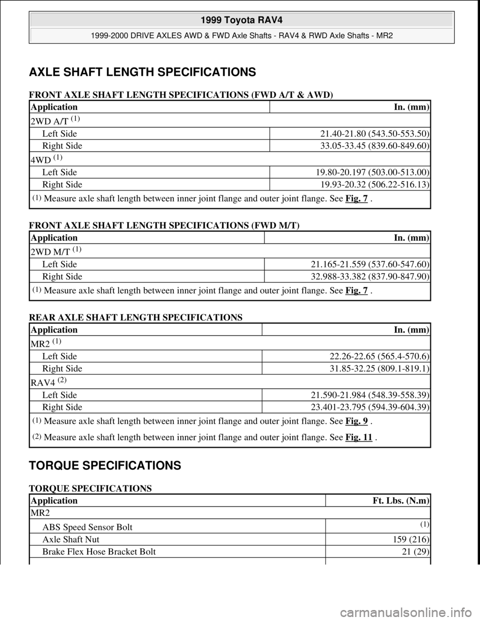 TOYOTA RAV4 1996 Service Repair Manual AXLE SHAFT LENGTH SPECIFICATIONS
FRONT AXLE SHAFT LENGTH SPECIFICATIONS (FWD A/T & AWD)
FRONT AXLE SHAFT LENGTH SPECIFICATIONS (FWD M/T)
REAR AXLE SHAFT LENGTH SPECIFICATIONS
TORQUE SPECIFICATIONS TOYOTA RAV4 1996 Service Repair Manual AXLE SHAFT LENGTH SPECIFICATIONS
FRONT AXLE SHAFT LENGTH SPECIFICATIONS (FWD A/T & AWD)
FRONT AXLE SHAFT LENGTH SPECIFICATIONS (FWD M/T)
REAR AXLE SHAFT LENGTH SPECIFICATIONS
TORQUE SPECIFICATIONS