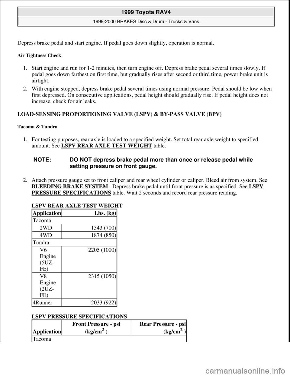 TOYOTA RAV4 1996 Service Repair Manual Depress brake pedal and start engine. If pedal goes down slightly, operation is normal.
Air Tightness Check
1. Start engine and run for 1-2 minutes, then turn engine off. Depress brake pedal several TOYOTA RAV4 1996 Service Repair Manual Depress brake pedal and start engine. If pedal goes down slightly, operation is normal.
Air Tightness Check
1. Start engine and run for 1-2 minutes, then turn engine off. Depress brake pedal several